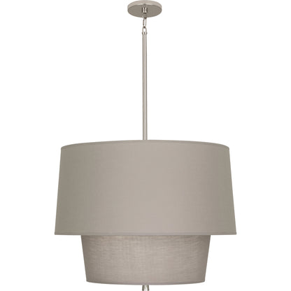 Front view of polished nickel pendant light with Smoke Gray fabric shade, showcasing its contemporary layered structure.