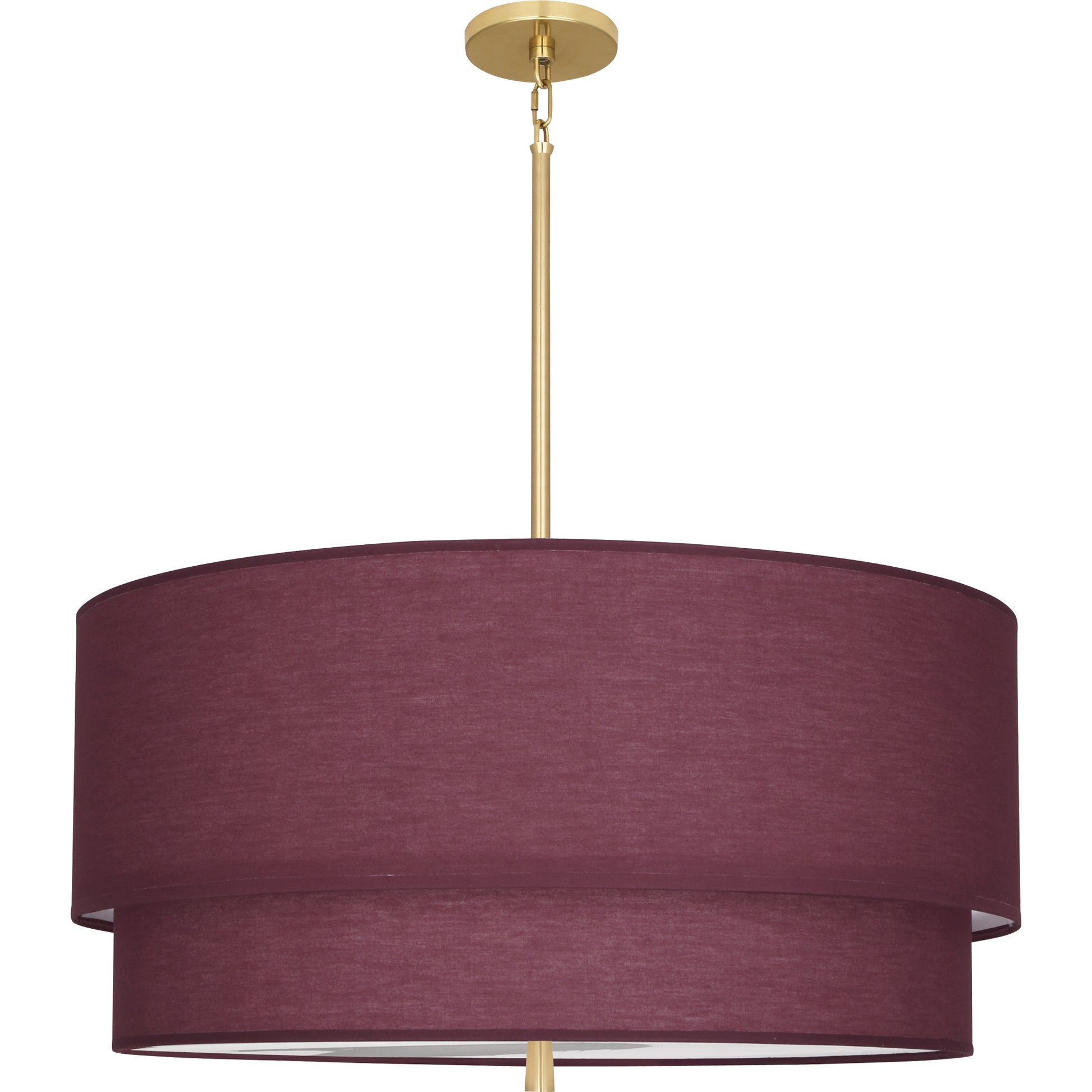 A two-tiered hanging pendant light with a vintage wine fabric shade and a brass finish, creating a modern aesthetic.