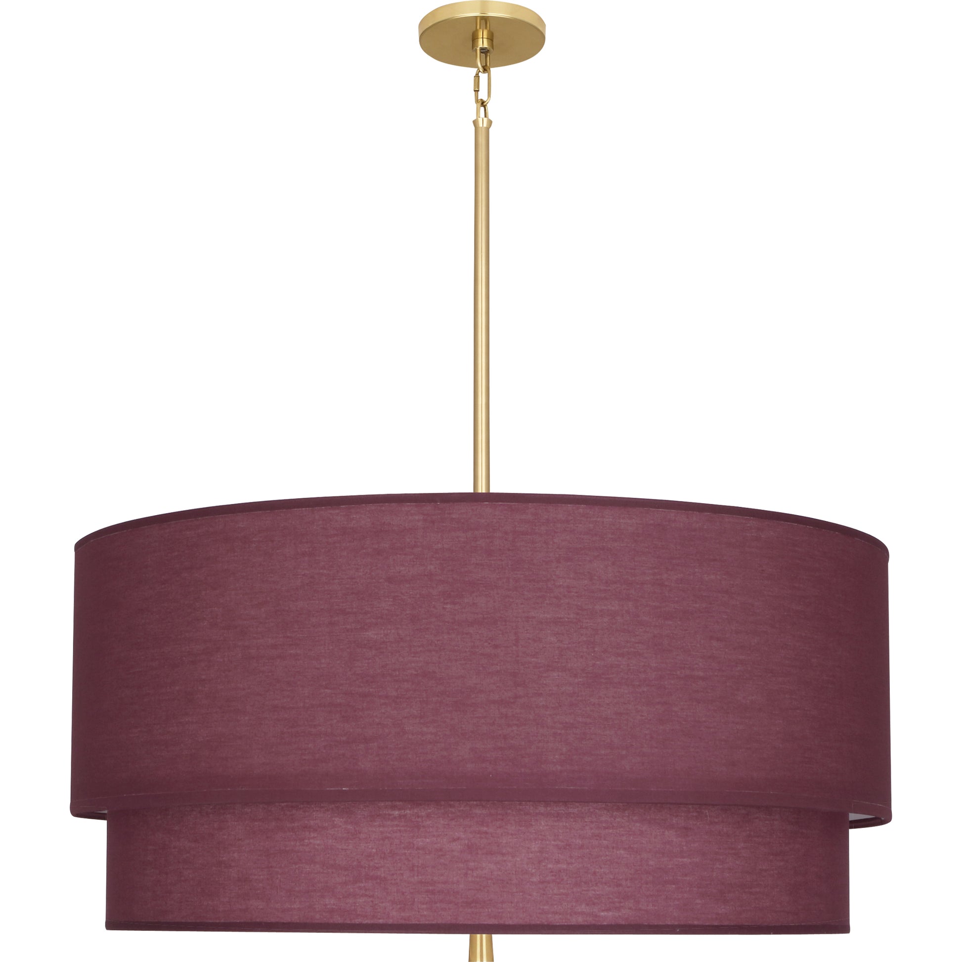 Chic modern brass pendant light featuring a vintage wine double-layered fabric shade.