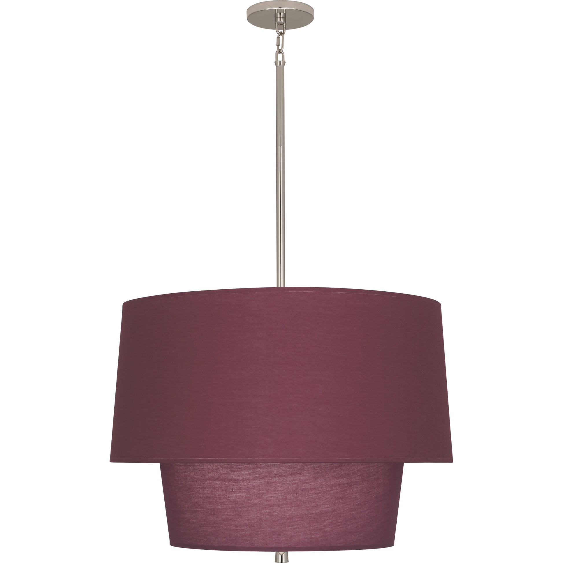 Front view of polished nickel pendant with Vintage Wine shade, ideal for modern interiors.