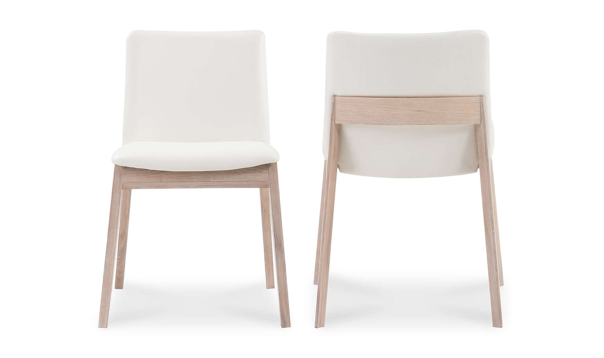 Front and back view of Moe's Home Collection Deco Cream Dining Chair with oak frame and vegan leather upholstery.