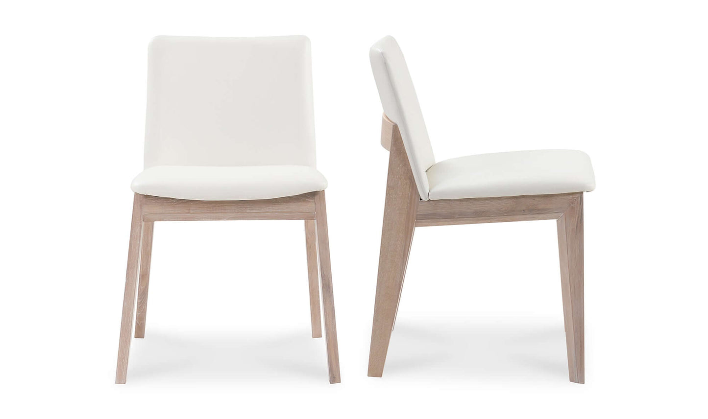 Front and side views of the Deco Cream Dining Chair showcasing its sleek, modern design.