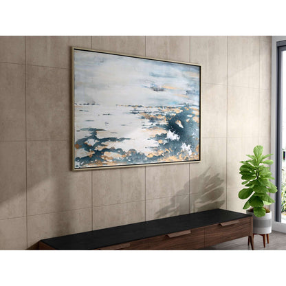 Deep Sea hand-painted canvas with blue, gray, and gold tones in a silver frame above a modern console.