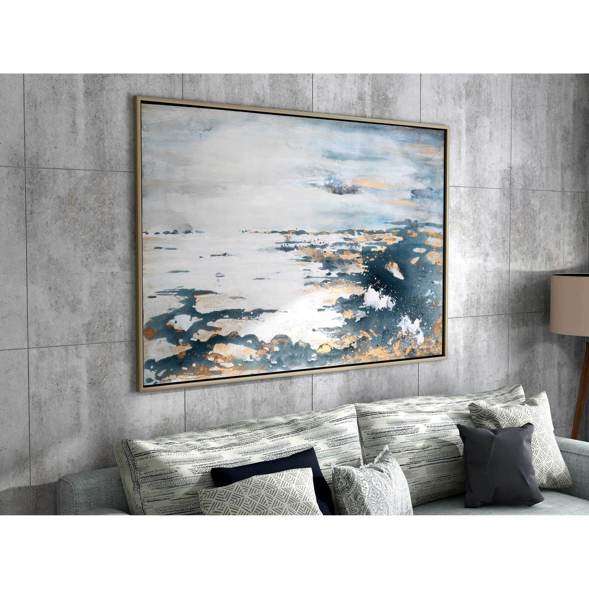 Ocean-inspired abstract painting hung in a contemporary living room.