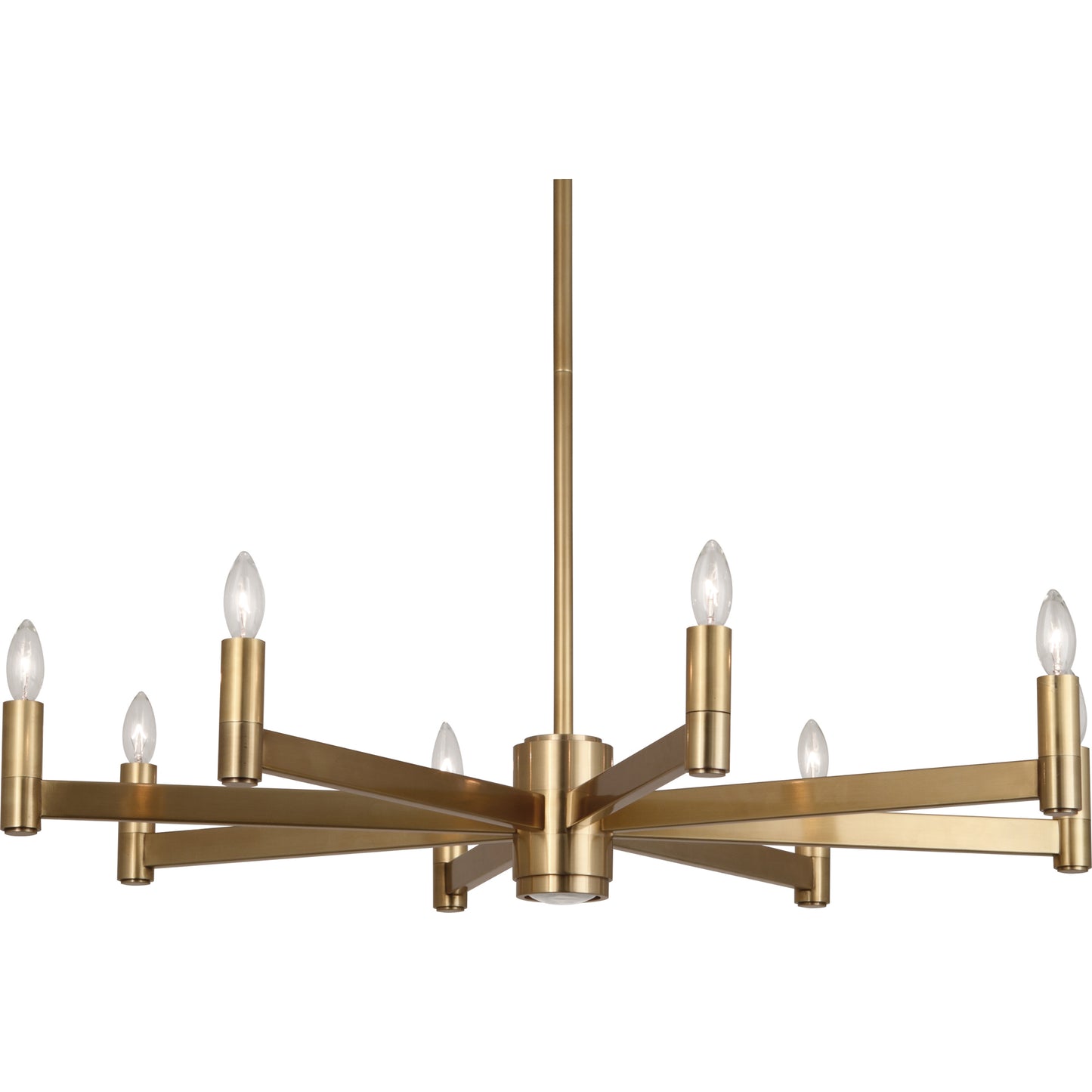 Delany Chandelier with antique brass finish and eight candelabra lights in a linear arrangement.