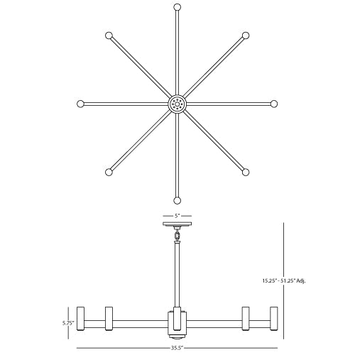 Dimensional diagram of Delany Chandelier with eight-arm design and adjustable drop height.