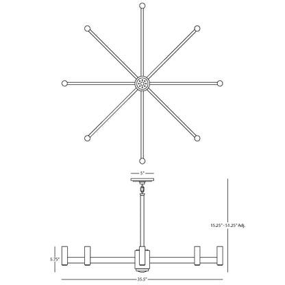 Dimensional diagram of Delany Chandelier with eight-arm design and adjustable drop height.