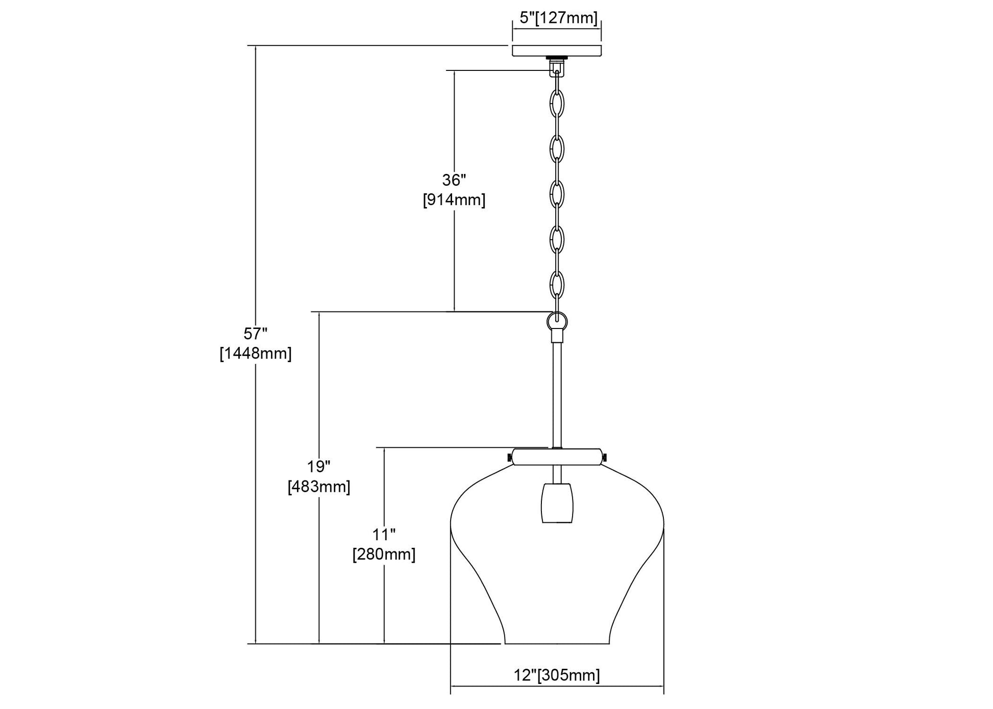 Dimensional Drawing of Amore 12'' Pendant Light with Adjustable Chain.