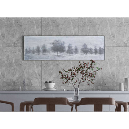 Trees painting displayed in a modern dining room with marble walls and minimalist furnishings.