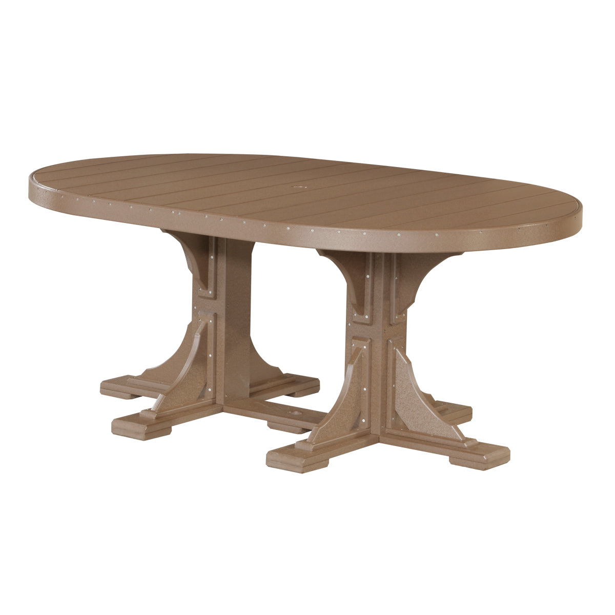 Chestnut brown oval outdoor dining table, part of a 3 piece dining set, perfect for bench seating in a garden setting.