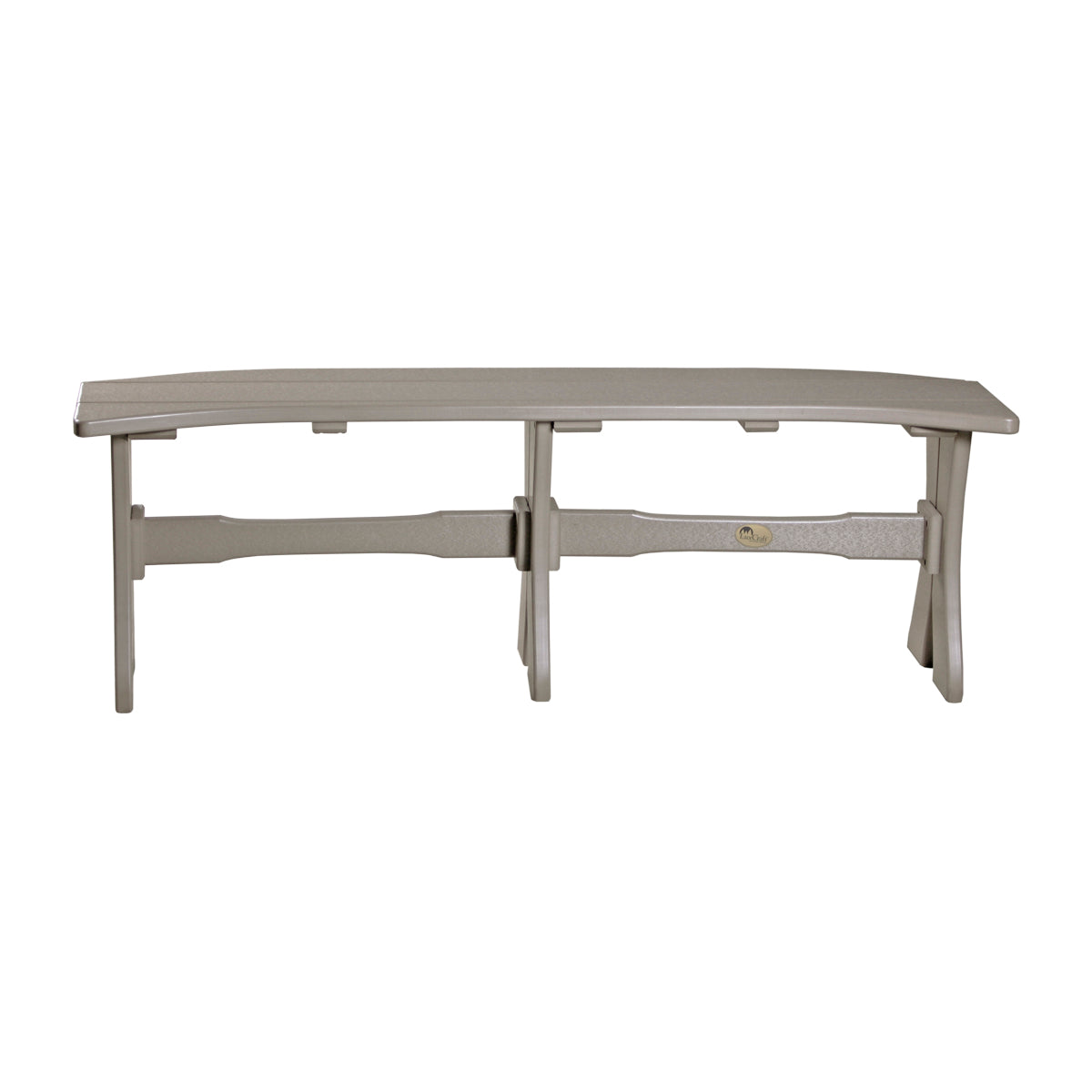 LuxCraft poly table bench in weatherwood, providing sturdy and comfortable seating for outdoor dining settings.