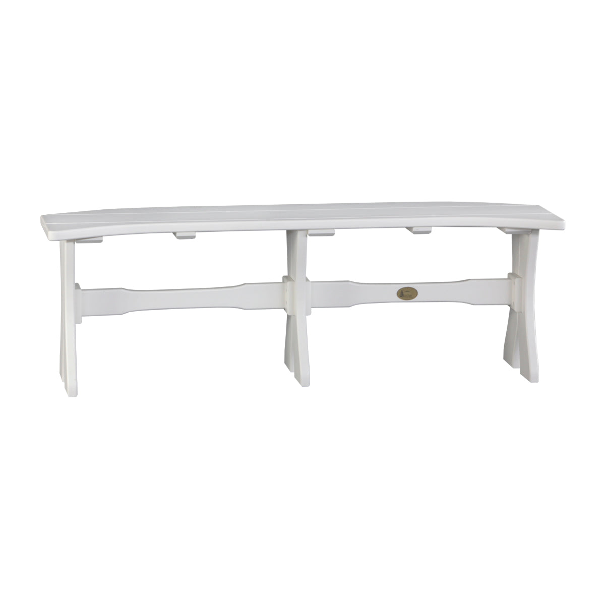 White LuxCraft poly table bench with curved seat and sturdy design, ideal for outdoor use as part of a dining set with bench seating.