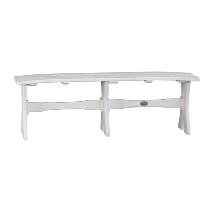 White LuxCraft poly table bench with curved seat and sturdy design, ideal for outdoor use as part of a dining set with bench seating.