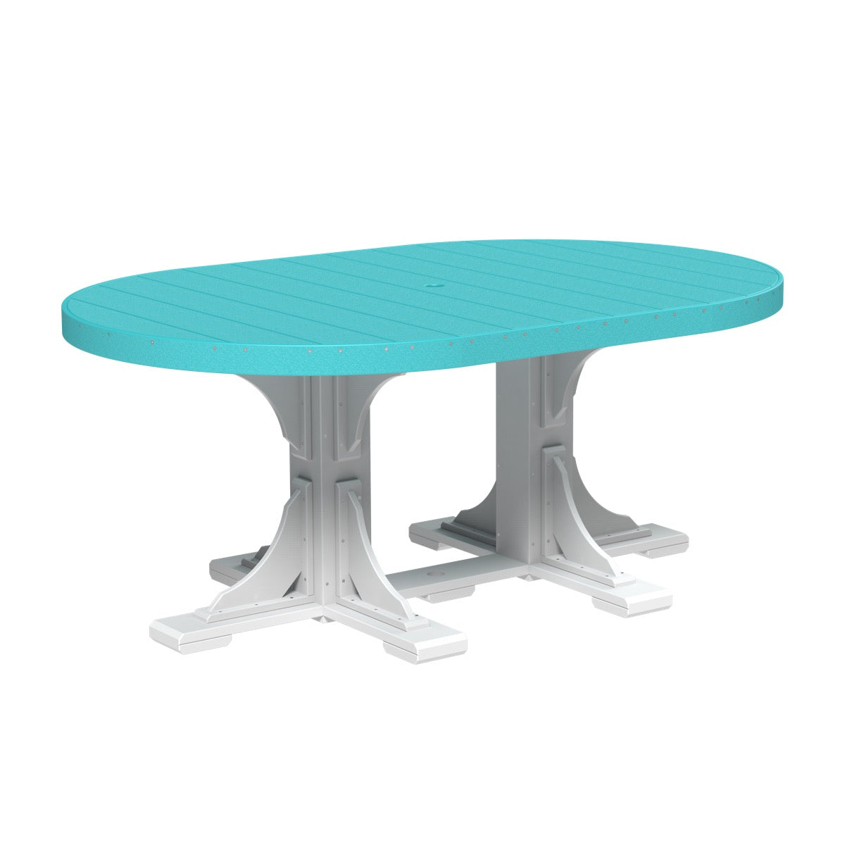 Aruba blue and white oval outdoor dining table, part of a 3 piece dining set with bench seating for outdoor spaces.