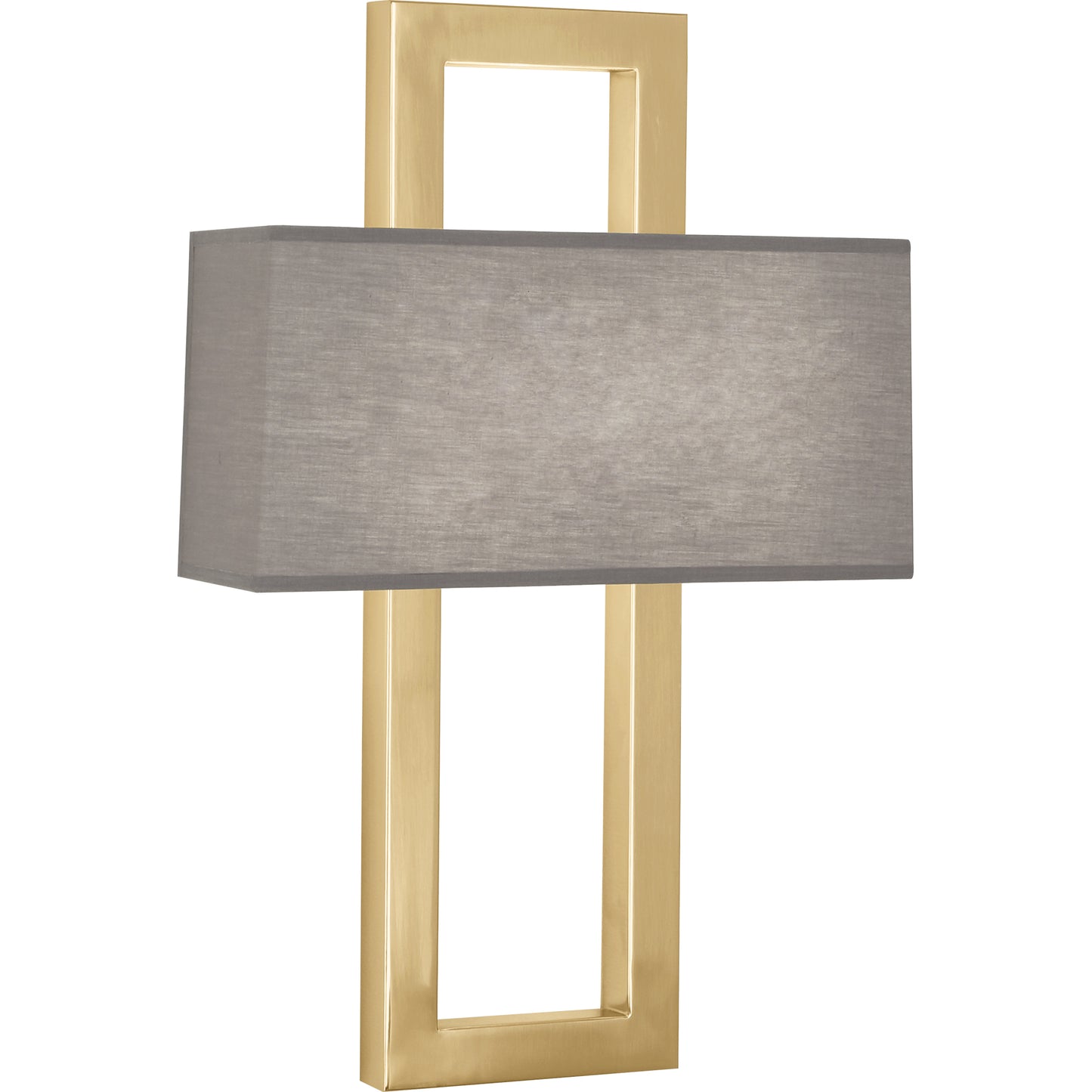 Angled view of the Doughnut Wall Sconce with an antique brass frame and smoke gray fabric shade.