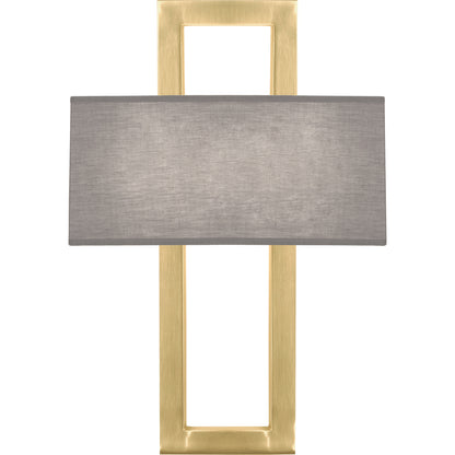 Front view of the Doughnut Wall Sconce with an antique brass finish and smoke gray fabric shade.