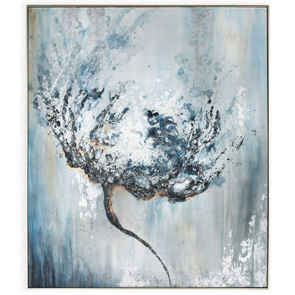 Abstract floral artwork in calming blues with intricate handpainted details and silver accents.