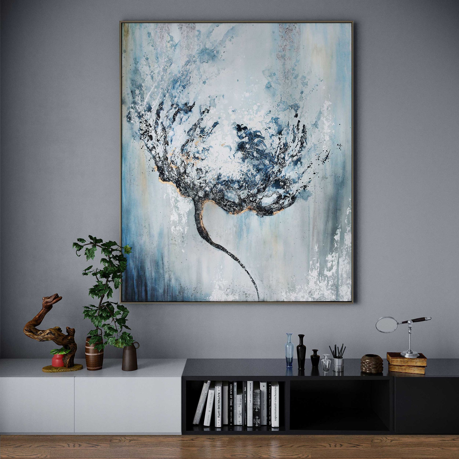 Large floral wall art displayed in a modern, minimalist living room with soft lighting.