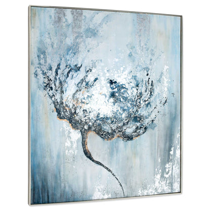 Oversized floral wall art with blue and white tones and silver leaf accents in a silver frame.