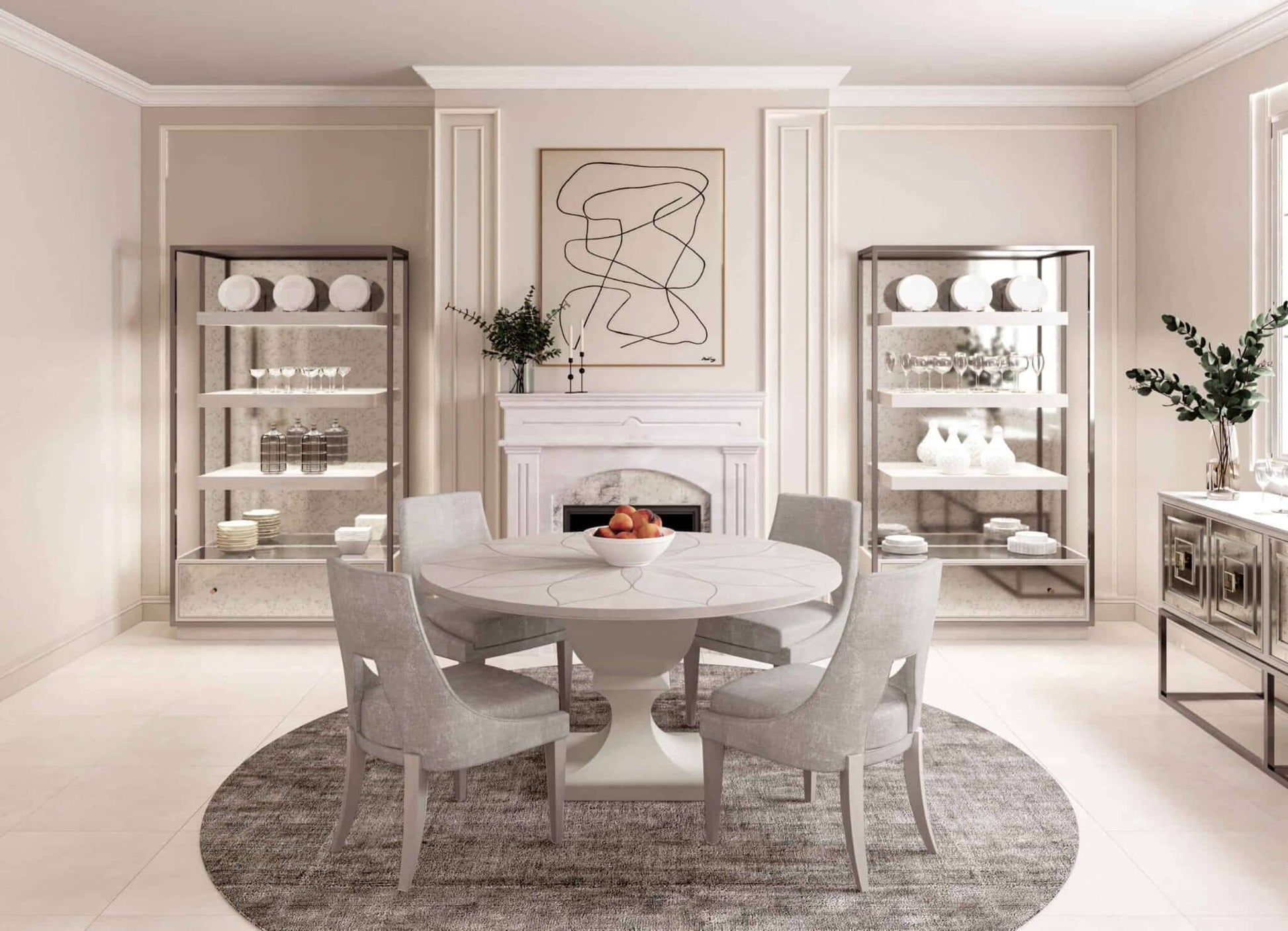 Elegant grey dining chairs around a round modern table in a stylish dining room with minimalist décor.