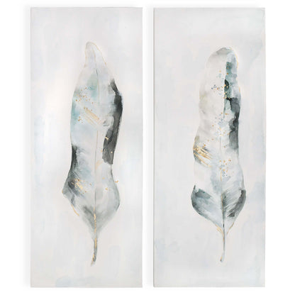 Set of two hand-painted feather canvases in soft pastel hues with silver floater frames.