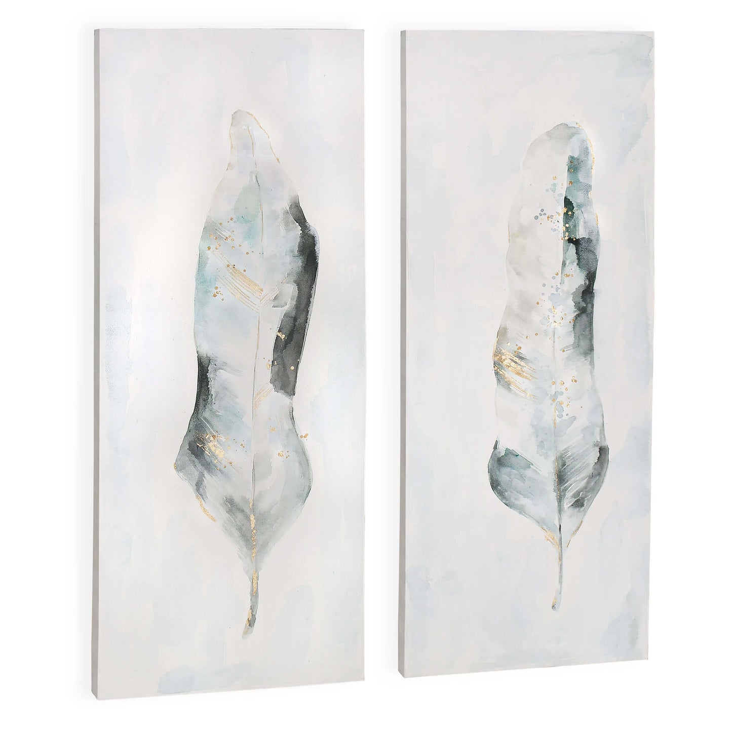 Two hand-painted feather canvas art pieces in pastel white, blue, and gold tones with silver frames.