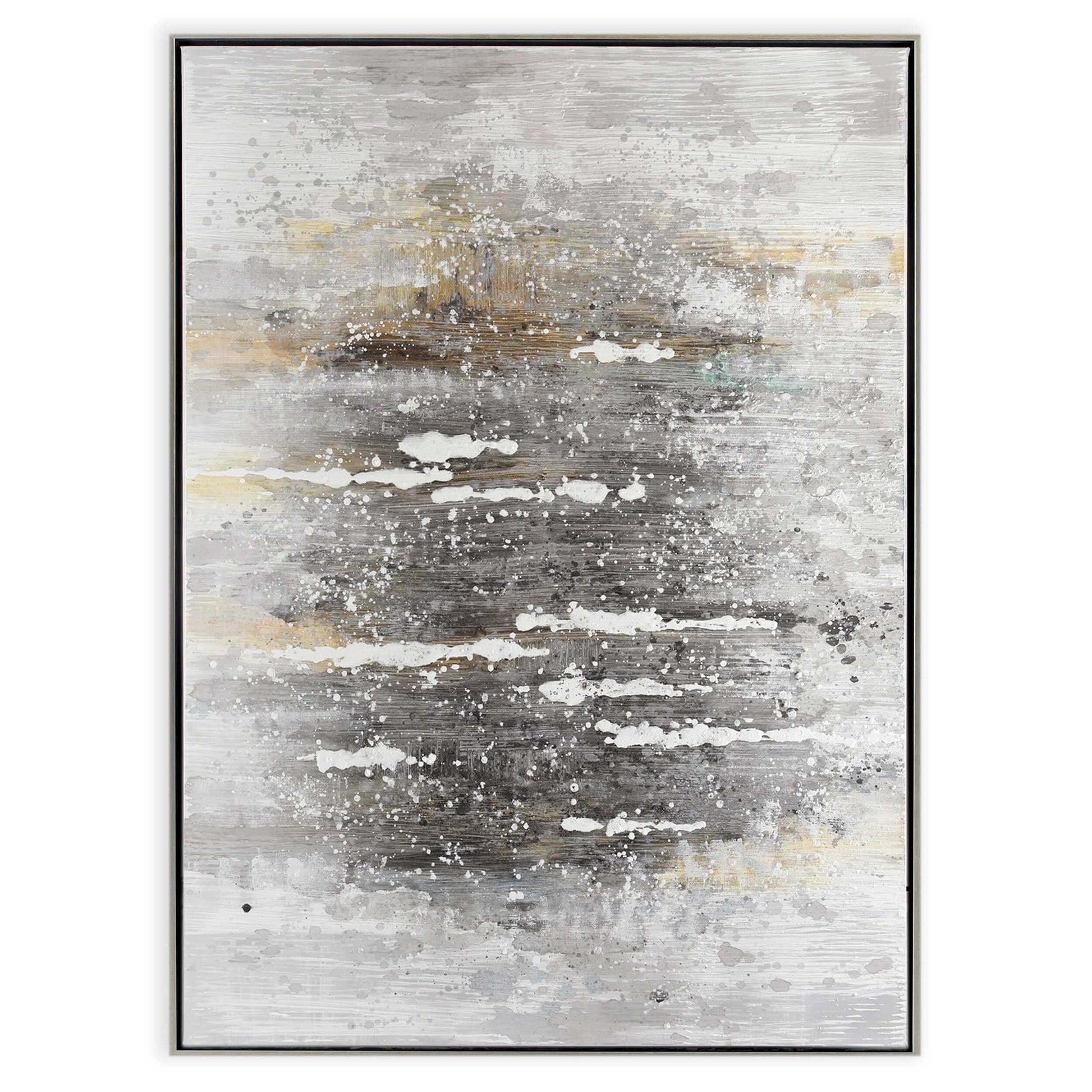 Hand-painted abstract canvas with grey, yellow, and blue tones in a black and silver frame.