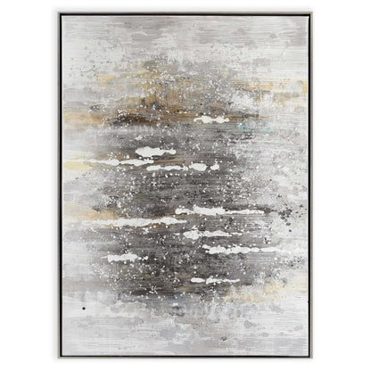 Hand-painted abstract canvas with grey, yellow, and blue tones in a black and silver frame.