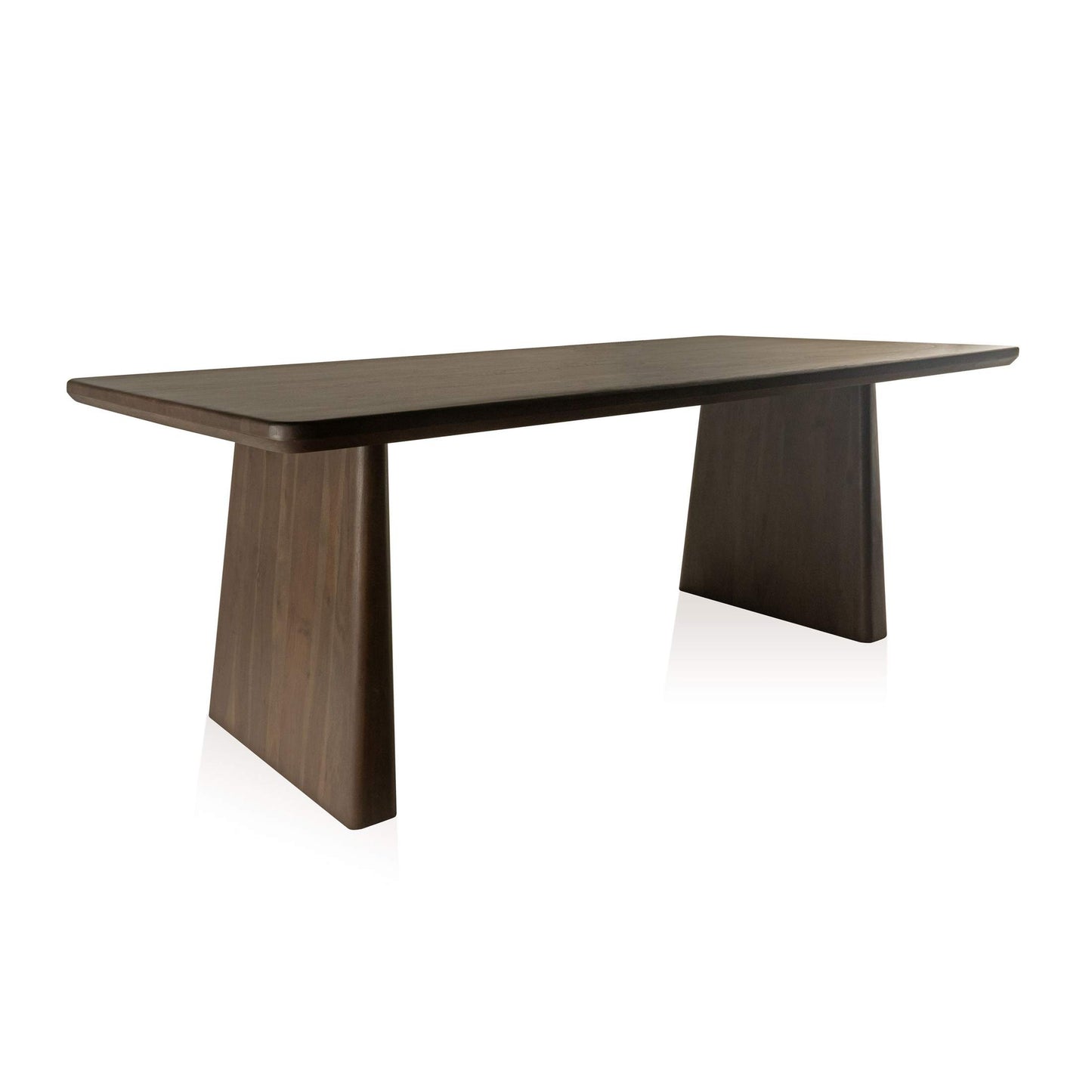 Angled view of Fletcher 80" dining table with dark walnut finish and geometric trestle legs.