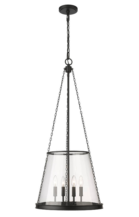 Matte black four-light pendant light with clear tapered glass shade by Z-Lite.