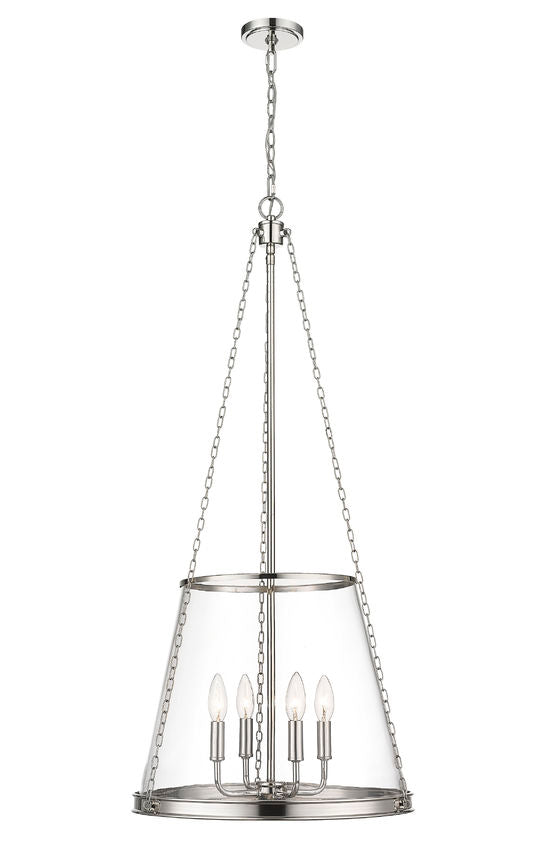 Polished nickel four-light pendant with candelabra bulbs and clear glass.