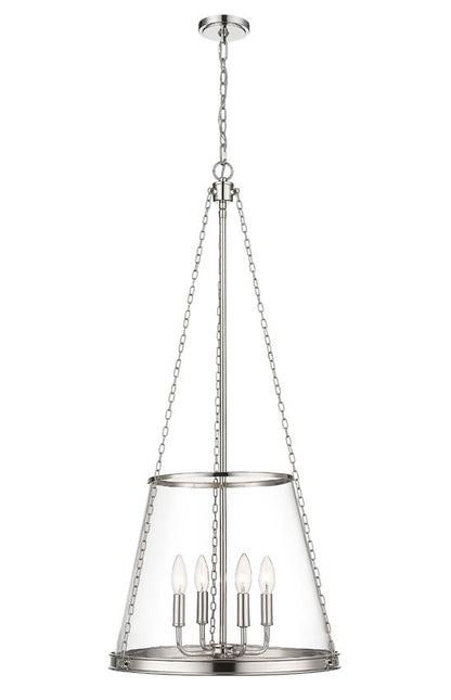 Polished nickel four-light pendant with candelabra bulbs and clear glass.