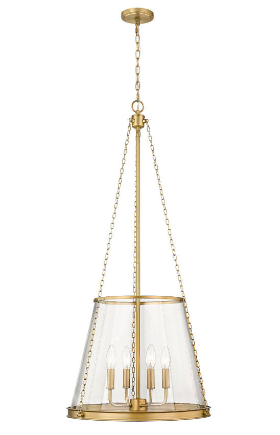 Rubbed brass four-light pendant with clear glass shade and chain suspension.