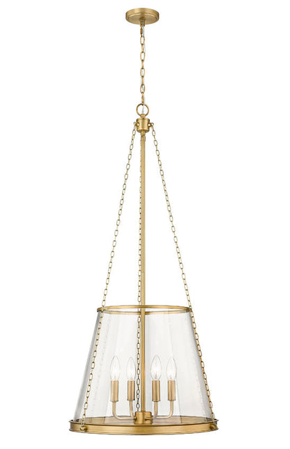 Rubbed brass four-light pendant with clear glass shade and chain suspension.