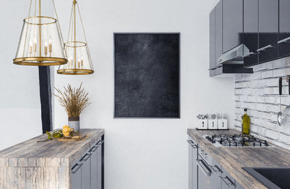 Rubbed brass four-light pendants illuminating modern rustic kitchen island