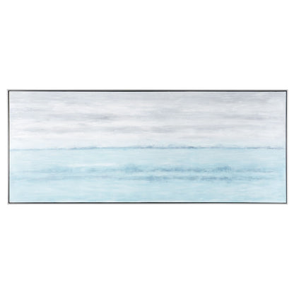 Full view of Blue Horizon hand-painted framed canvas in soft coastal hues.