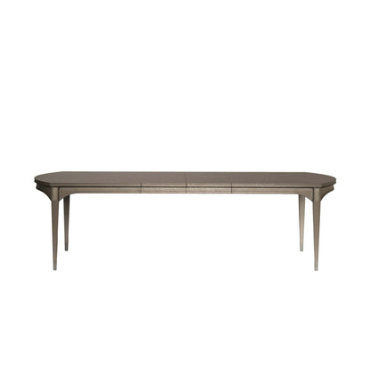 Glam rectangular dining table extended with two leaves, showing full length