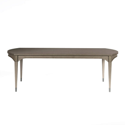 Glam rectangular dining table with one leaf inserted, showing mid-size option