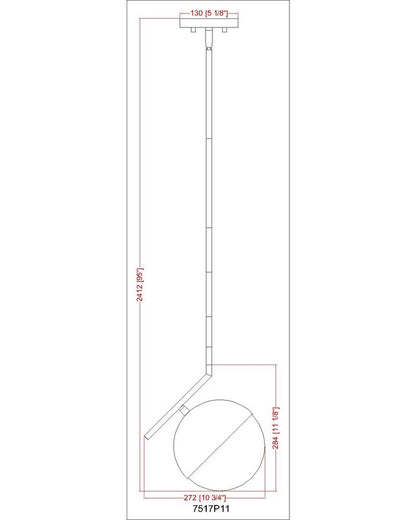 Technical drawing of globe pendant light with dimensions.