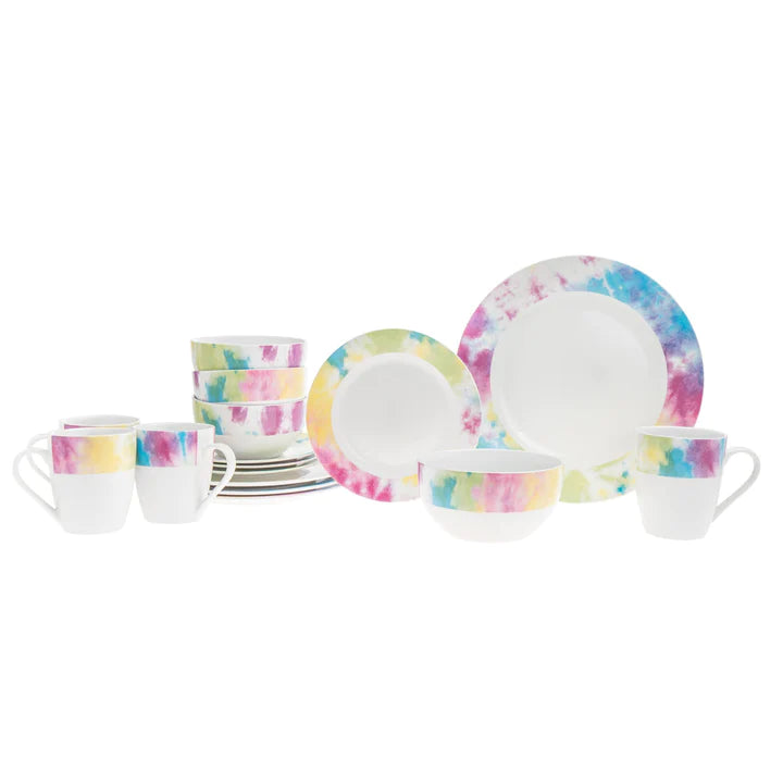 Artistic brushstroke design on a 16-piece porcelain dinnerware set in a modern multicolor pattern.