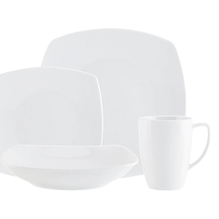 Forward front view of white elgant porcelain dinnerware set for 4 with white background