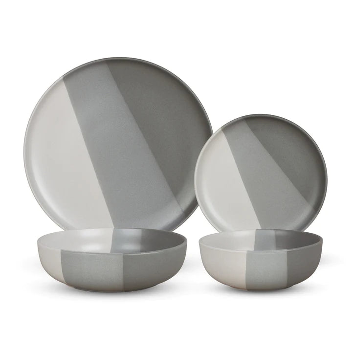 Modern three-tone grey and white 16-piece stoneware dinnerware set.