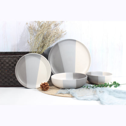 Piermont Grey dinnerware set, showcasing the elegant contrast of light and dark grey tones.