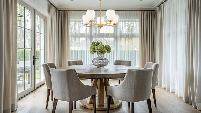 modern gold chandelier in elegant dining room setting.