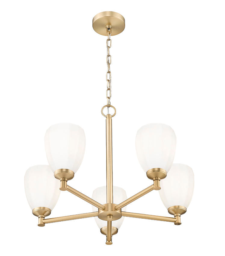 detailed angle of modern gold chandelier arms and shades.