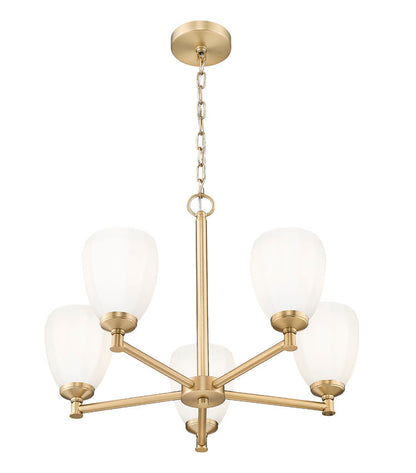 detailed angle of modern gold chandelier arms and shades.
