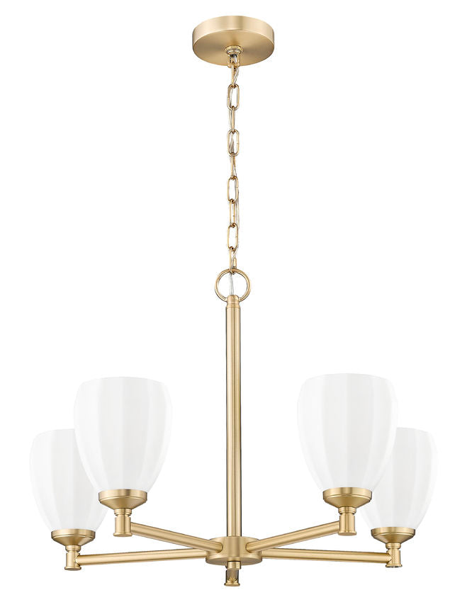 Modern gold five-light steel chandelier with opal glass shades.