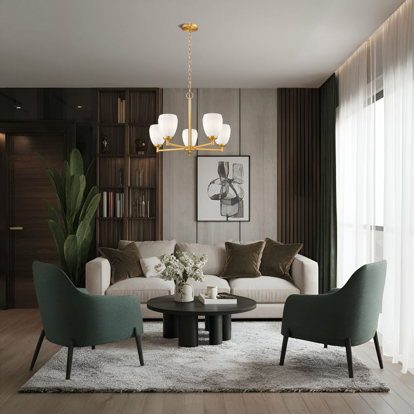 Modern gold steel chandelier illuminating contemporary living room with elegant décor.