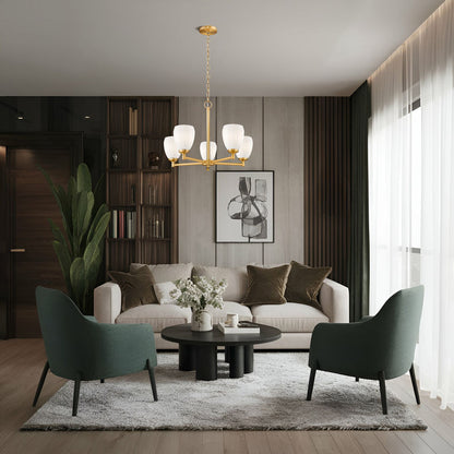 Modern gold steel chandelier illuminating contemporary living room with elegant décor.