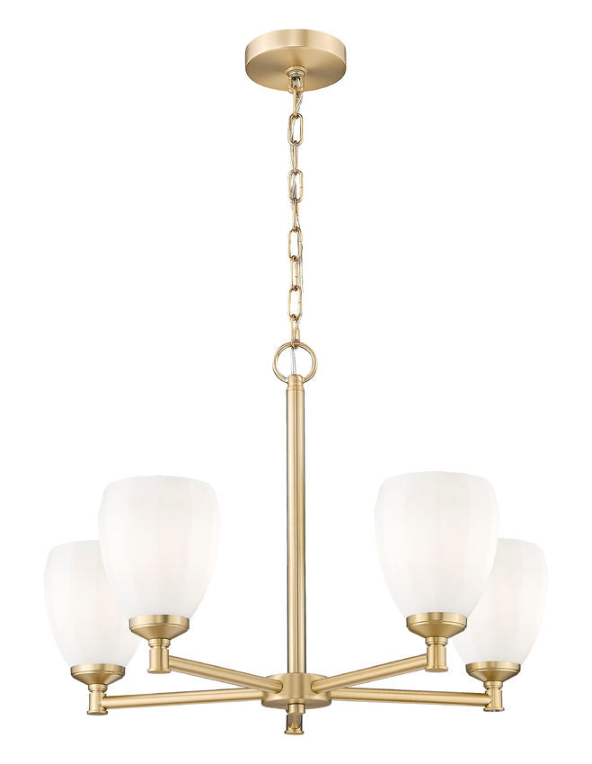 angled view modern gold chandelier with tulip glass.
